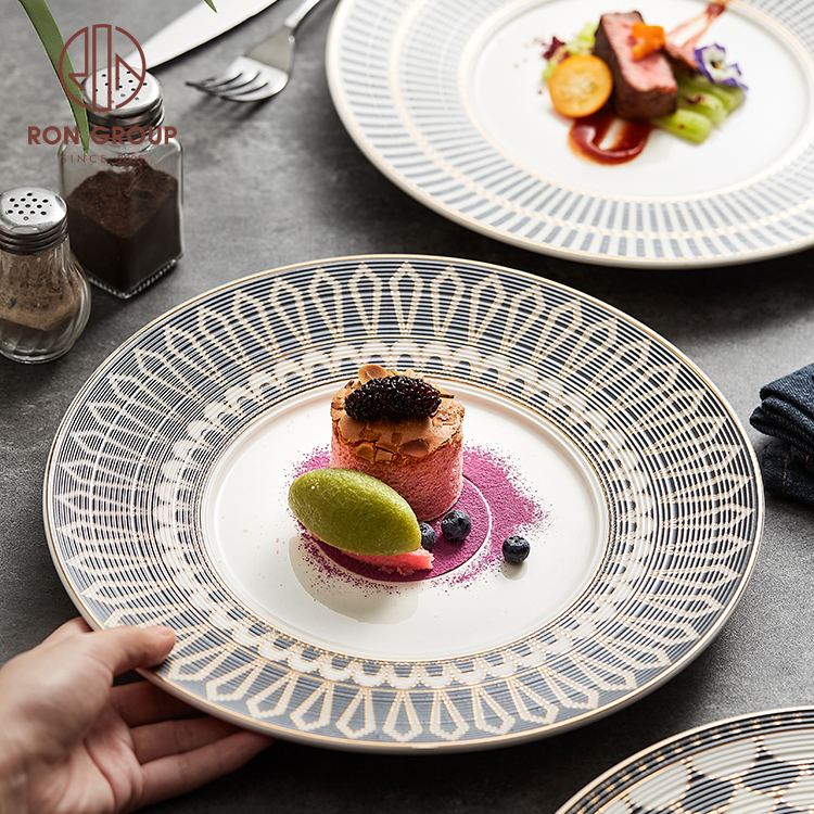 Matte Gold Rim Porcelain Dinner Plates with Retro Pattern for Wedding & Fine Dining