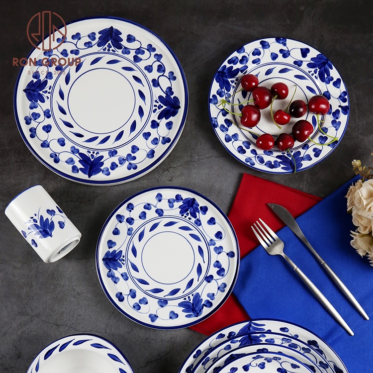 high quality chinese style unbreakable dinnerware printed blue flower plate handmade ceramic plates for wedding event