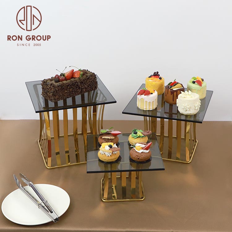 Decorative items wedding dessert black glass plate stainless steel bucket gold buffet cupcake catering stand for food display