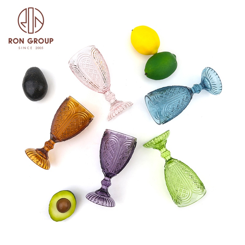 Wholesale Glassware Colored Embossed Wine Glasses Water Glass vintage goblets bulk engraved pressed green glass goblet