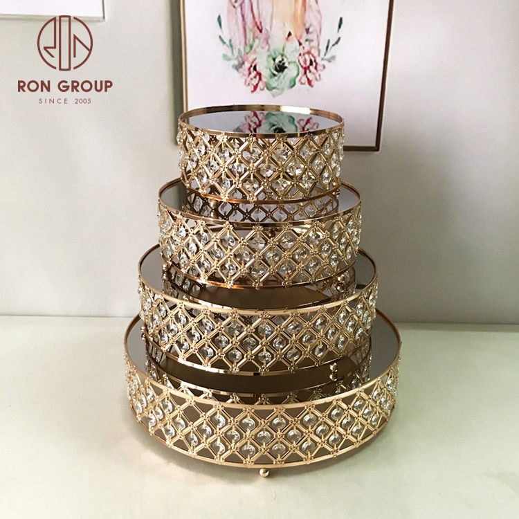 Luxury 4 Floor Round Mirror Trays Set Party Decor Metal Cake Display Holder With Crystal Wedding Pastry Dessert Tray