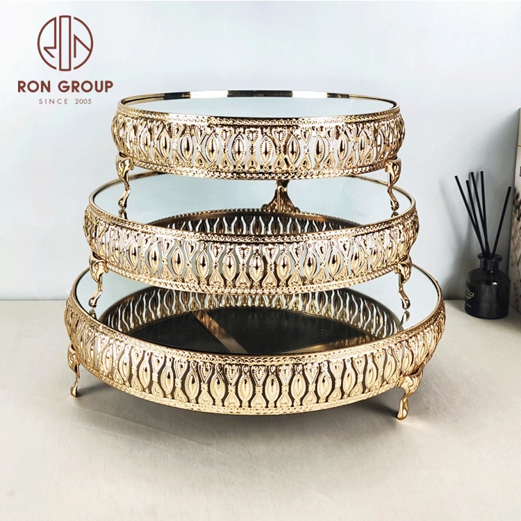 birthday wedding display cake tools metal display tray round gold 3 tier dessert cake stand set mirror tray