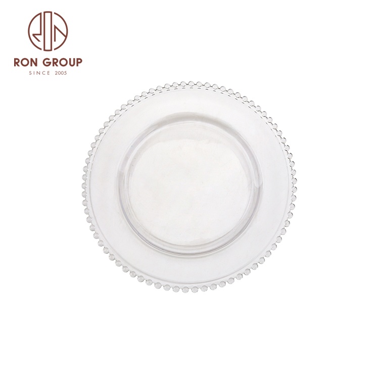 Wholesale 13 Inch Wedding Banquet Disposable Eco Friendly Tableware Dinnerware Clear Plastic Charger Plate with White Beaded Rim