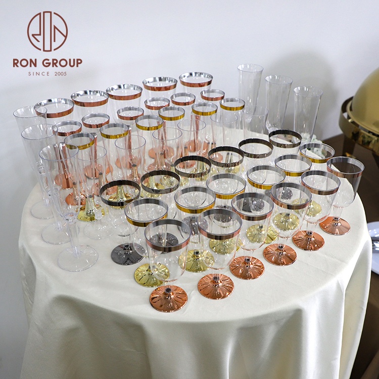 Luxury Wedding Party Banquet Drinkware Clear Goblet Champagne Flute Wholesale Plastic Wine Disposable Glass with Gold Silver Rim