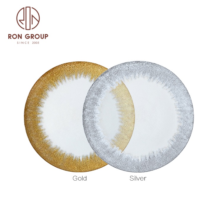 high quality wedding used elegant decoration underplates tableware glass charger plates set with gold silver trim