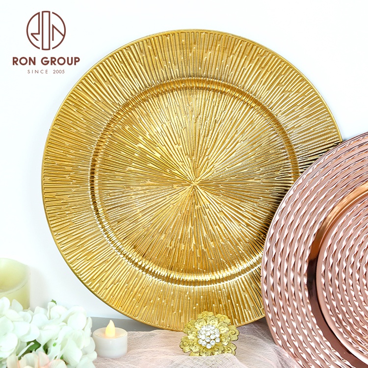 Hot Sales Disposable Restaurant Banquet Wedding Party Decoration Gold Round Underplate Dishware Tableware Charger Plastic Plates
