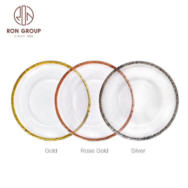 ODM OEM Wedding Banquet Events Luxury Tableware Dishware Set Rose Gold Sliver Decorative Clear Glass Charger Plate with Bead Rim