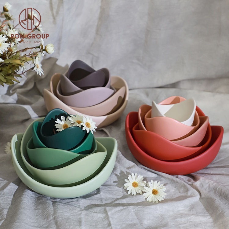 Wholesale Lotus Shaped Salad Serving Set Color Glazed Ceramic Dessert Ice Cream Storage Tray Restaurant Tableware Fruit Bowl