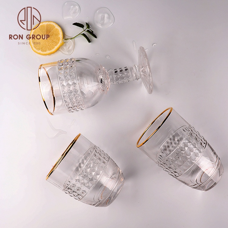 Wholesale Crystal OEM Wedding Barware Glassware Dessert Tumbler Gold Rim Cup Water Whiskey Flute Drinking Stemless Wine Glasses