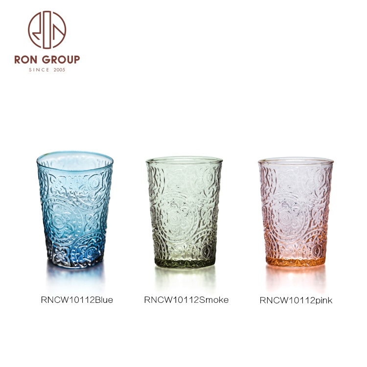 2025 New Arrivals Factory Price OEM Wedding Decoration Glassware Embossed Stemless Retro Amber Colored Wine Cup Drinking Glasses