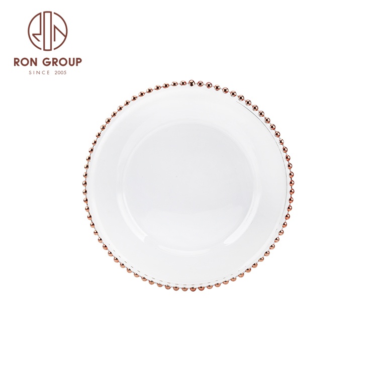 Wedding Hotel Banquet Antique Transparent Tableware Dishware Dinner Decorative Rose Gold Rim Clear Glass Beaded Charger Plates
