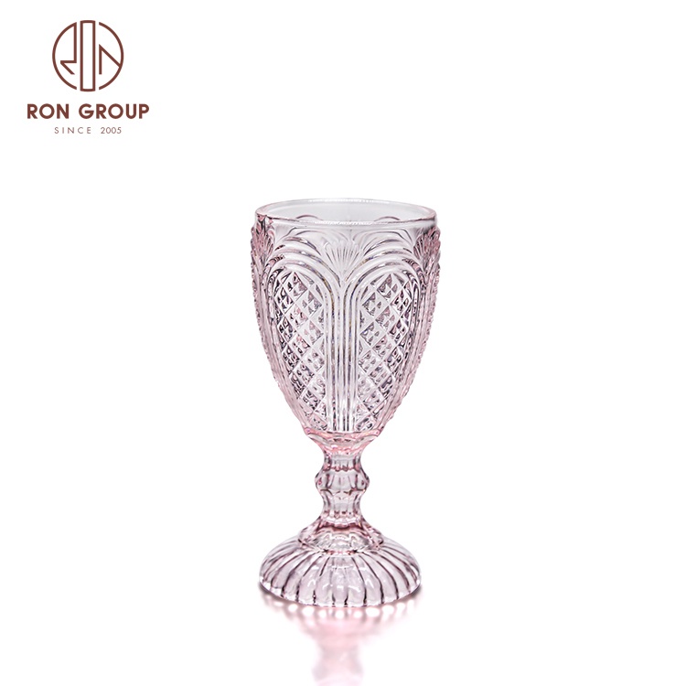 China Factory Price Wholesale High End Wedding Party Hotel Glassware Drinkware Pressed Goblet Pink Cup Embossed Goblets Glasses