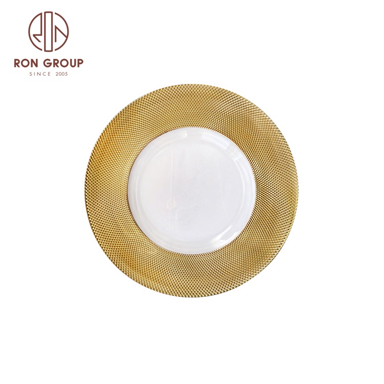 OEM ODM Custom Banquet Hotel Decoration Unbreakable Dishware 13 Inch Round Rose Gold Rimmed Clear Glass Charger Plates Wedding
