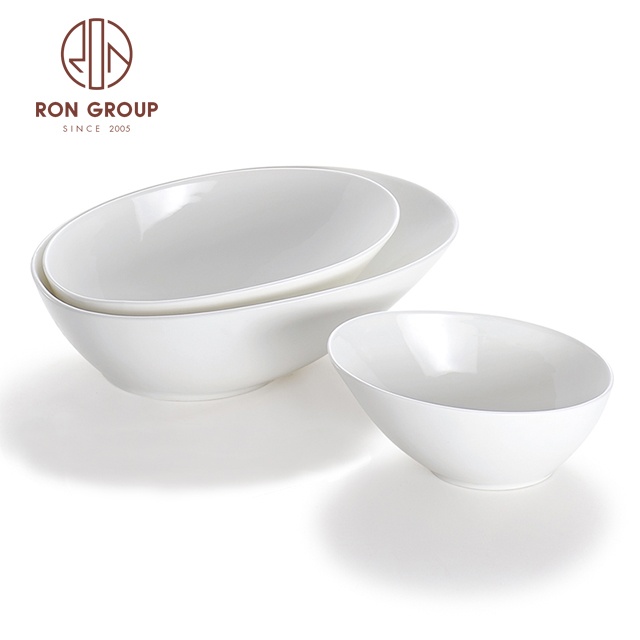 Factory Price Not Easily Broken Restaurant Serving Dishware Oval White Vegetable Salad Skew Bisque Oblique Mouth Ceramic Bowl