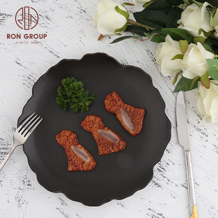 Hot selling black frosted unique style odd shape Japanese porcelain dinner dish snack event banquet restaurant ceramic plate