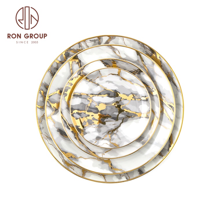 Wholesale restaurant marble pattern dinner grey tableware set dishes gold rim serving charger platter ceramic wedding plates