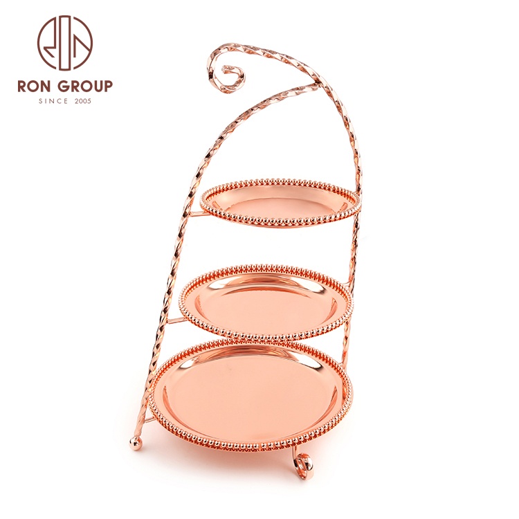 high quality luxury fancy rose gold dessert display holder decorative 3 tier metal cake stand for wedding cakes with handle