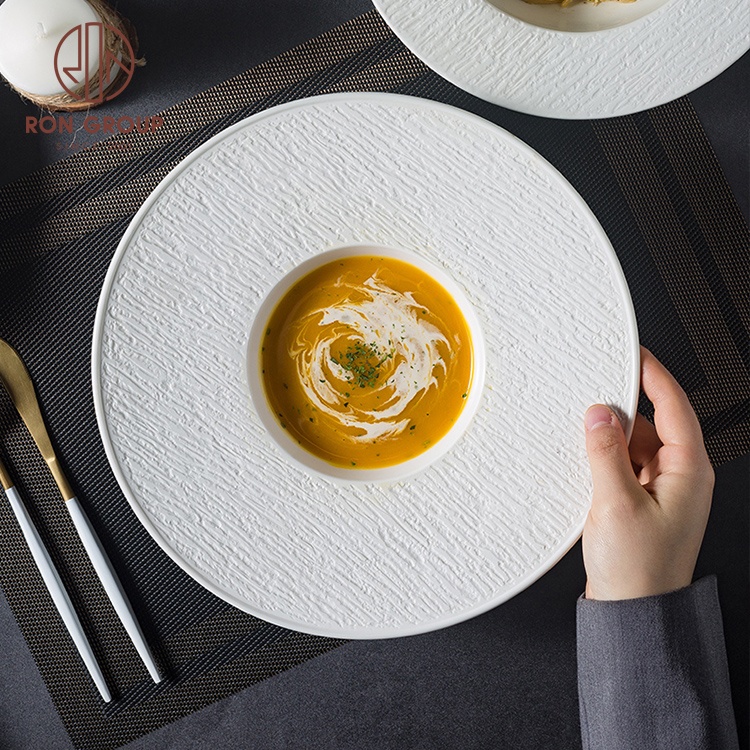 Luxury White Wedding Dinnerware Dishware Porcelain Salad Pasta Soup Deep Plates Party Banquet Embossed Straw Hat Ceramic Plate