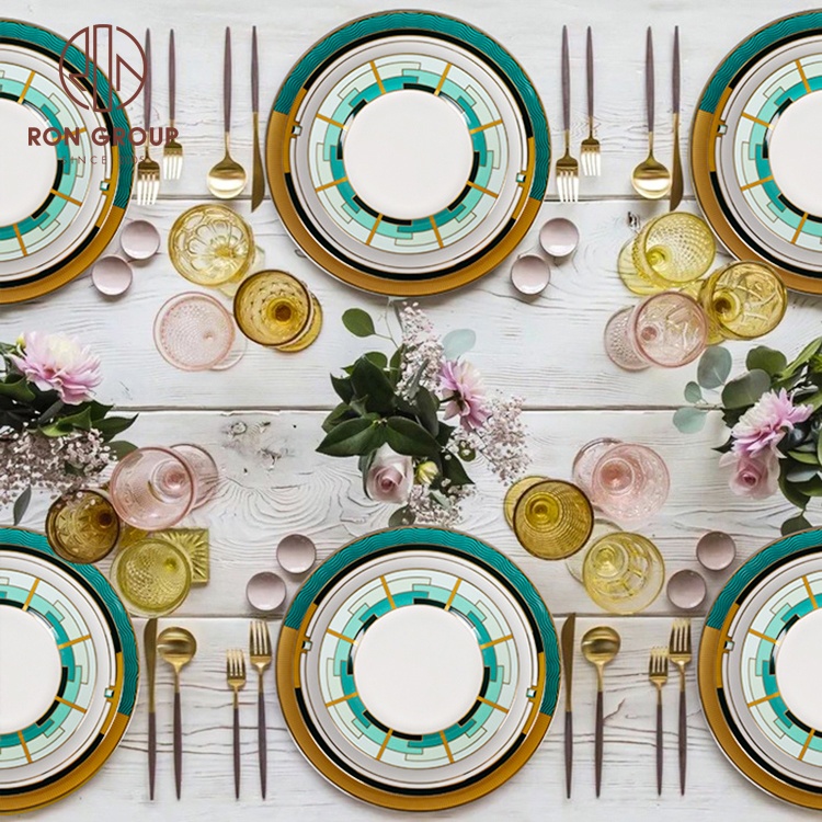 European Style Geometric Pattern Color Ceramic Different Size Entree for Decoration Party Event Dinner Charger Plate Wedding