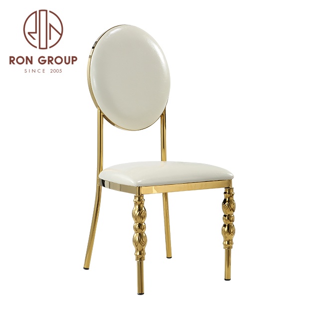 Popular Style Stackable Events Wedding Hotel Dining Room Stainless Steel Banquet Chair with White PU Leather Cushion Round Back