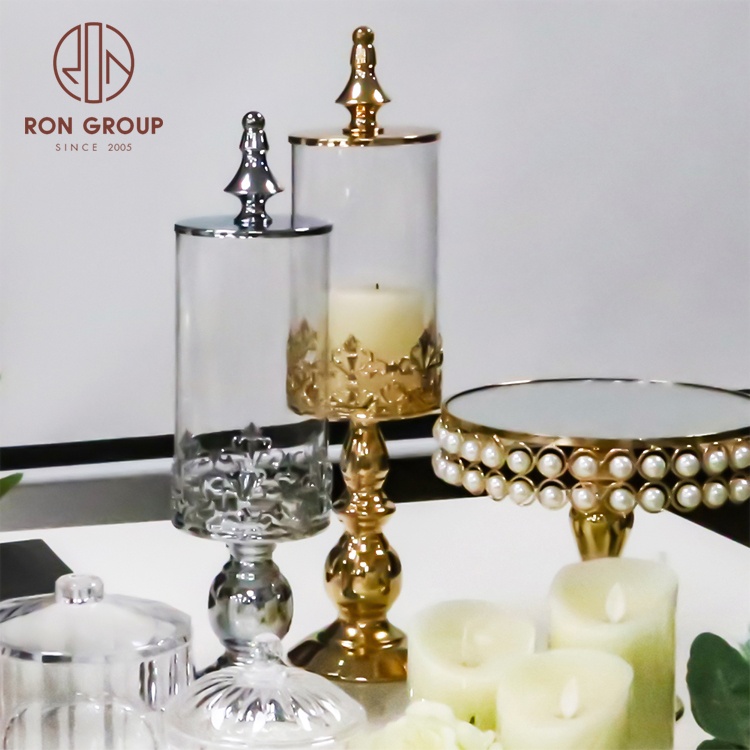 Retro Wedding Table Decoration Glass Candlestick Holders Tall Candle Stick Stand Gold Clear Glass Candle Holder with Lid