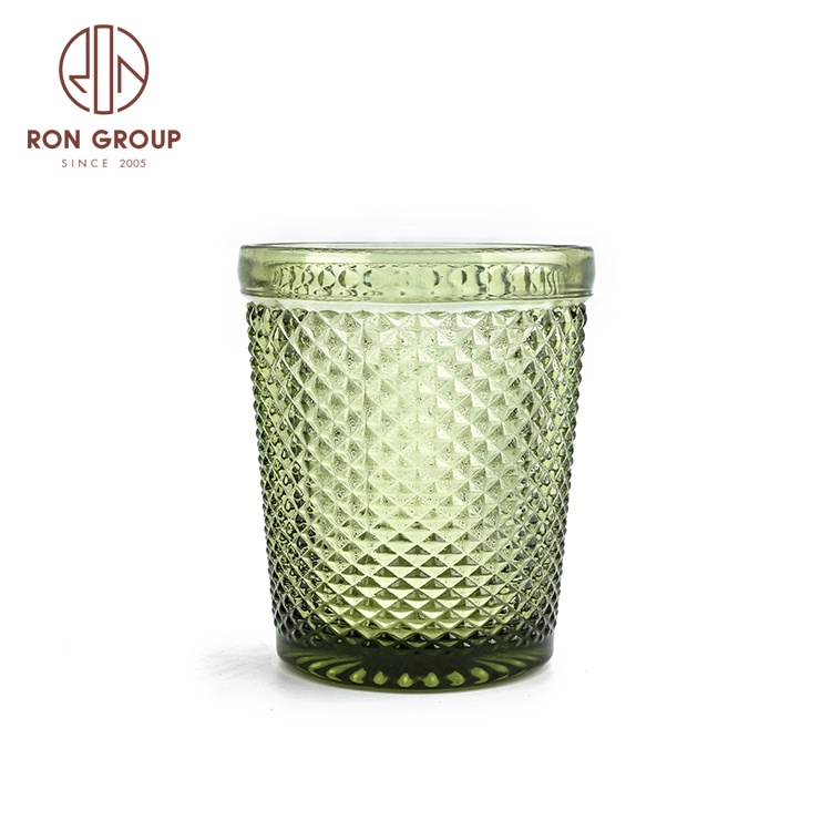 European style customized 350ml capacity green creative simple drink polka dots round glass cup tumbler for juice coffee bar