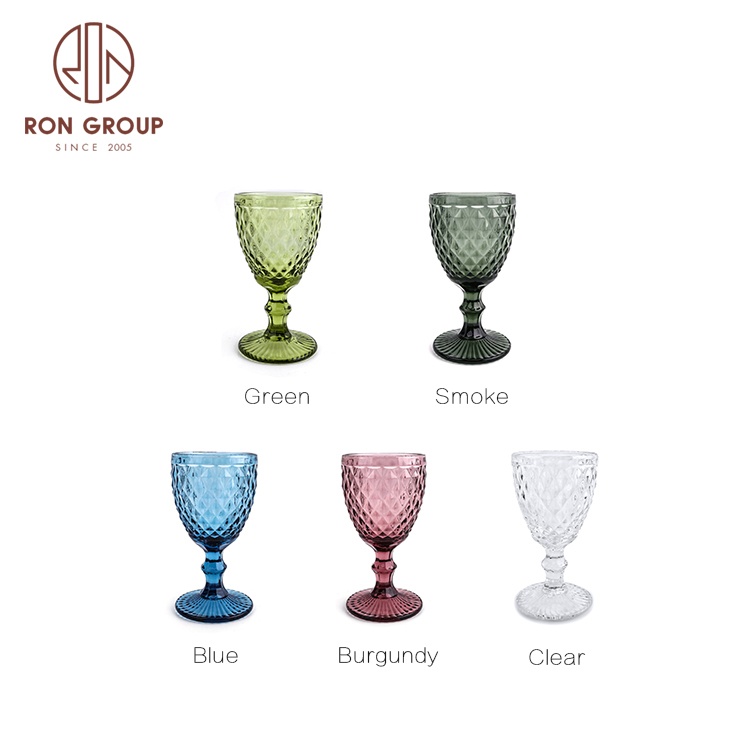 300ml Luxury OEM Thick Stem Wedding Banquet Hotel Glassware Crystal Embossed Vintage Wine Glasses Cup Colored Amber Goblets