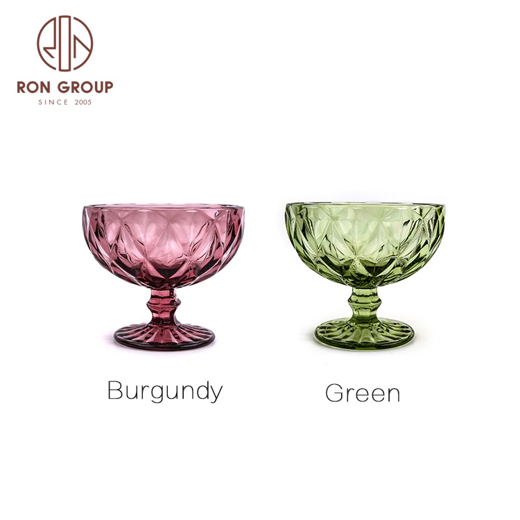 Factory cheap Decorative wine glassware 350ml Solid color beer juice goblet glass vintage embossed ice cream cup glass set