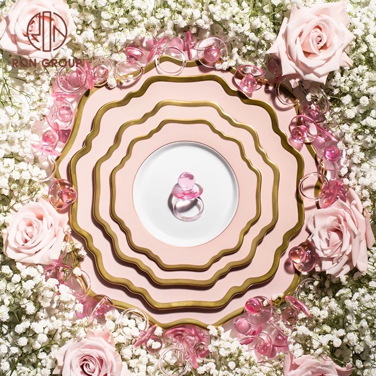 classic elegant christmas party wedding tableware decoration gold rim under plate luxury sunflower pink ceramic charger plates