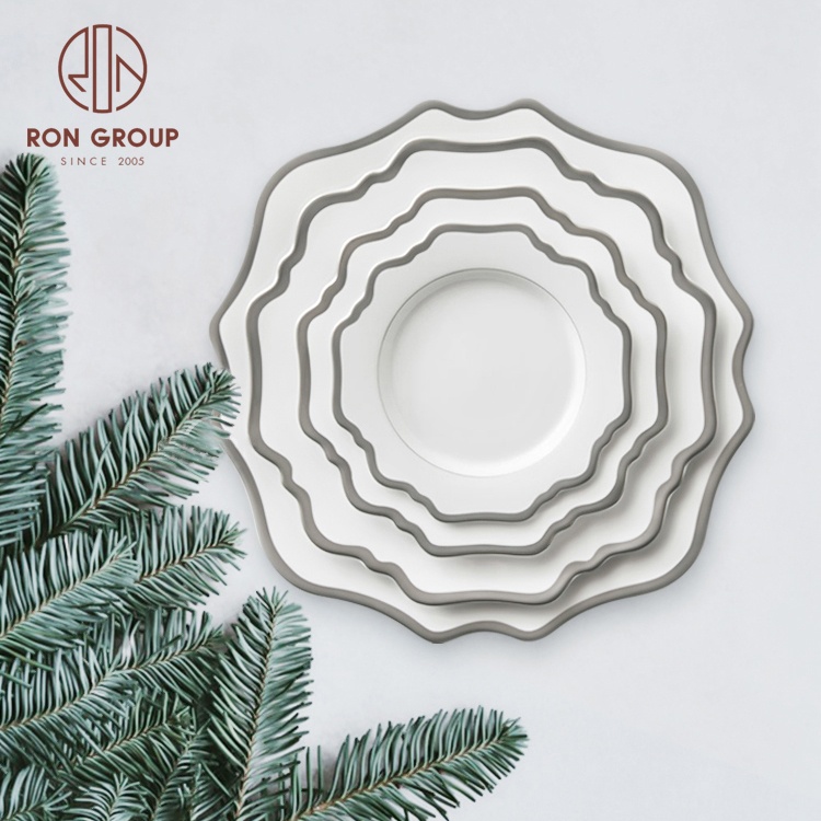 Sunflower Irregularly Shaped Gold Edge Ceramic Main Dinner Dessert Bread Ceramic Plate Set For Wedding Star Hotel