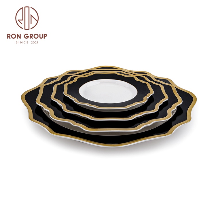 Factory price custom luxury banquet irregular black wedding ceramic plate set dinnerware gold rim sunflower dinner charger plate
