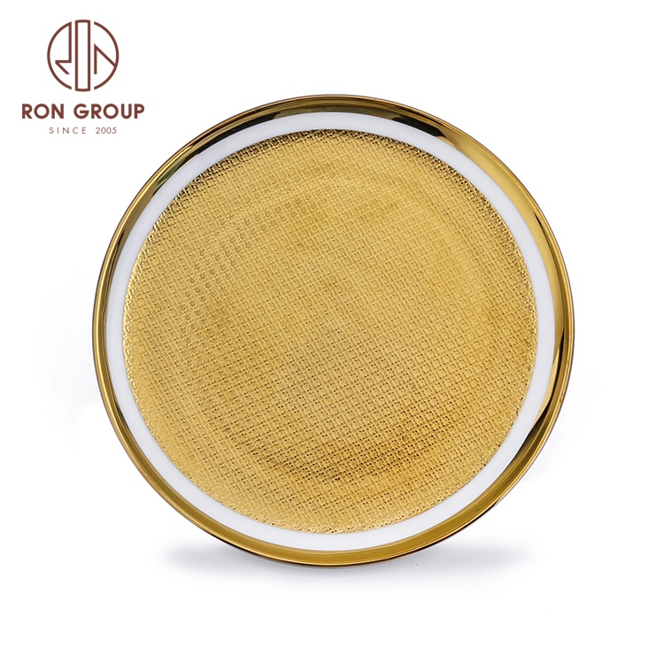 Factory Cheap Price Luxury White Ceramic Dinner Tableware Shadow Gold Rim Charger Plate for Wedding Party Banquet Decoration