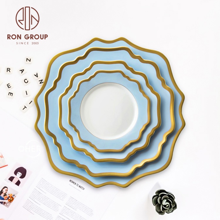 Hot sale hotel blue white charge plate wedding sunflower ceramic plates dishes gold rim ceramic dinner plates sets for weddings