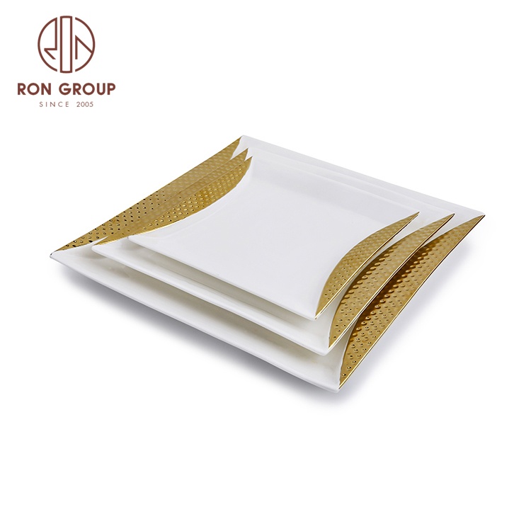 Luxury Banquet Catering White Tableware Set Crockery Rectangle Chargers Party Wedding Dinner Square Ceramic Plates with Gold Rim