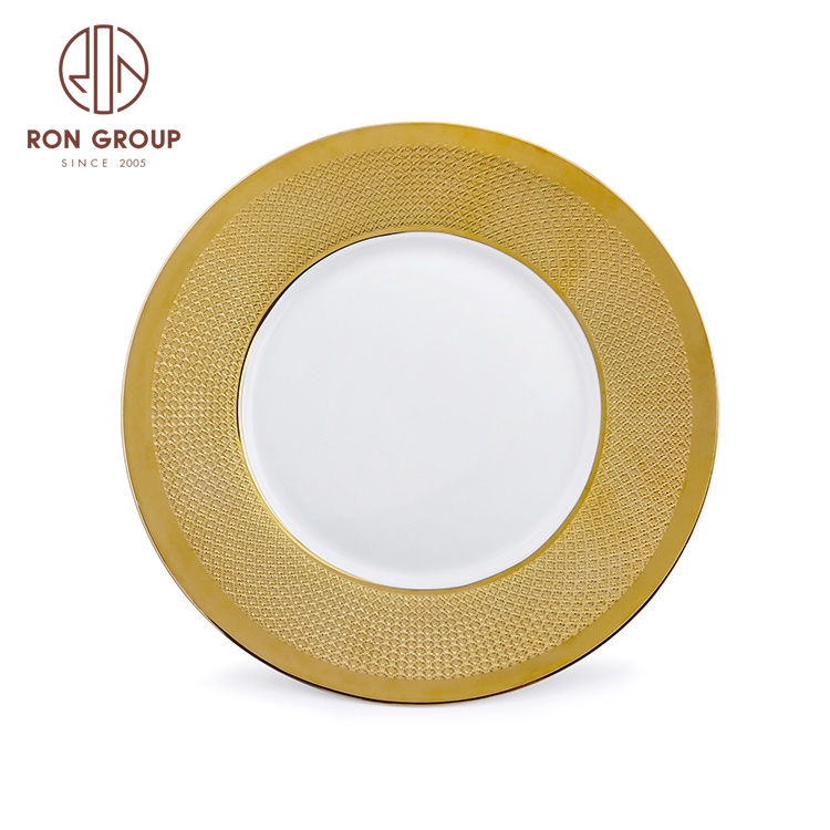 Hot Sale Wedding Dishware Decoration Sublimation Round Dinner Gold Rim Plated Serving Flat Underplate Bone China Ceramic Plates