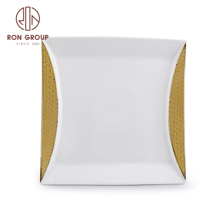 Supplies popular square white luxury gold rim ceramic plate for wedding