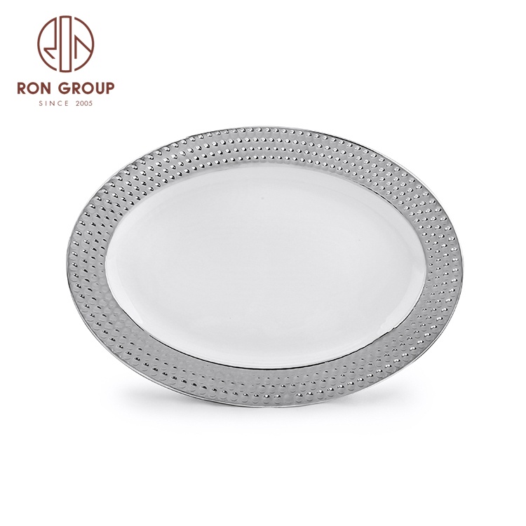 Hot Sale Luxury High Quality Wedding Party Vintage Silver Plating Oval Tableware Dinnerware Sets Dishware Ceramic Plates