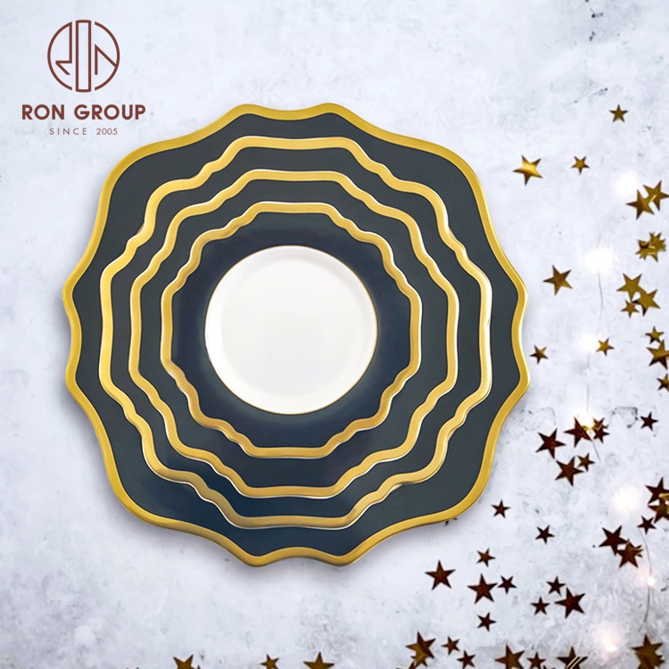 Cheap Price Custom Party Hotel Dishware Tableware Decoration Bone China Charger Plate Smoky Gray Wedding Plate with Gold Rim