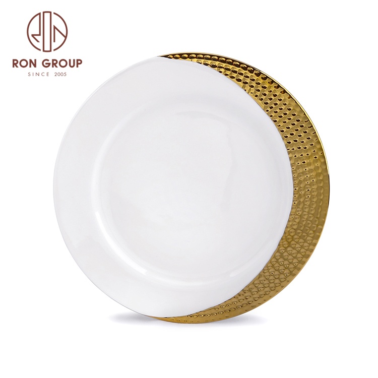 Wholesale custom logo banquet wedding event party dishware dinnerware sets dessert food flat white ceramic plate with gold rim