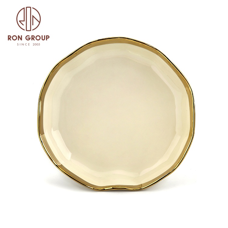 High Quality Customized Colorful Pottery Porcelain Dishware Set Wedding Plates Ceramic Gold Rim Side for Banquet Party