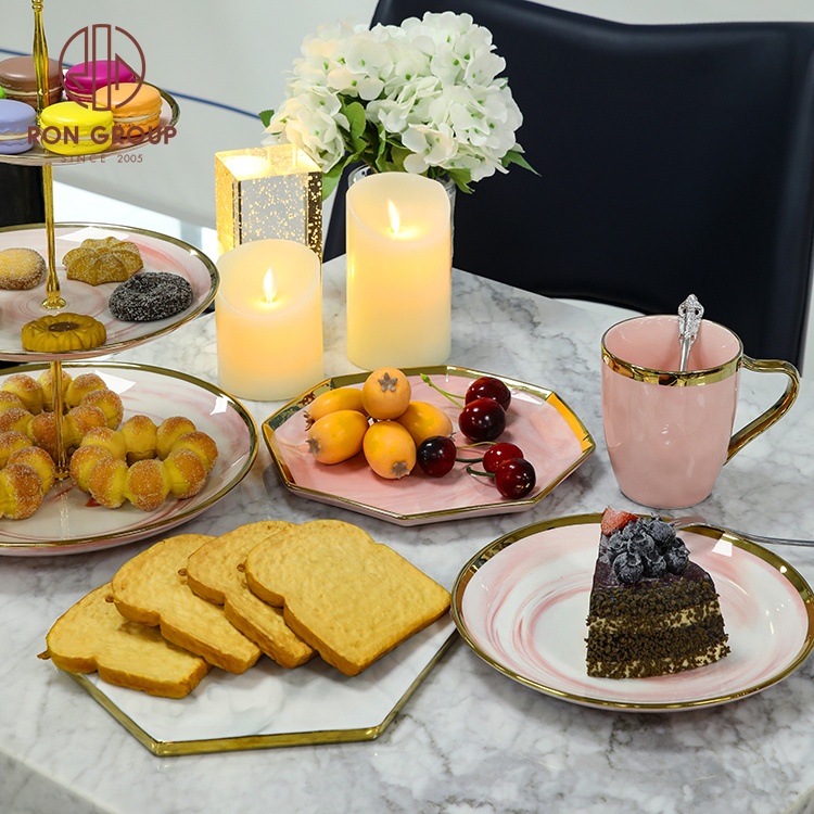Luxury Shiny Horeca Hand Painted Dinner Set Dishes Plates Dinnerware Wedding Restaurant Tableware Ceramic Plate with Gold Rim