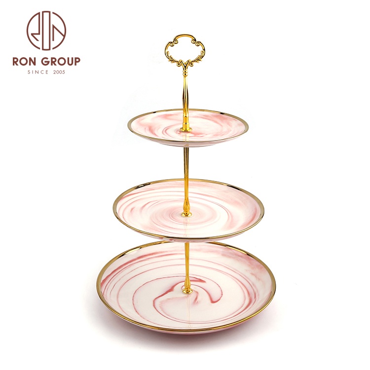 Wedding Party Banquet Restaurant Dishware Gold Rimmed Pink Color Porcelain Round Dinner Ceramic 3 Tier Cake Stand Dessert Plate