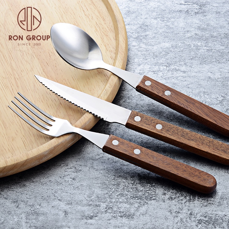 Good quality restaurant knife spoon fork flatware with wood handle stainless steel 304 cutlery sets