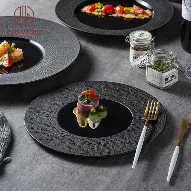 wholesale modern western wedding ceramic steak dinner plates luxury matte black plate for restaurant