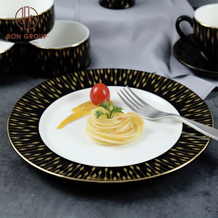 Creative luxury wedding plates with gold dots ceramic pasta plate with pattern black ceramic dinner plate