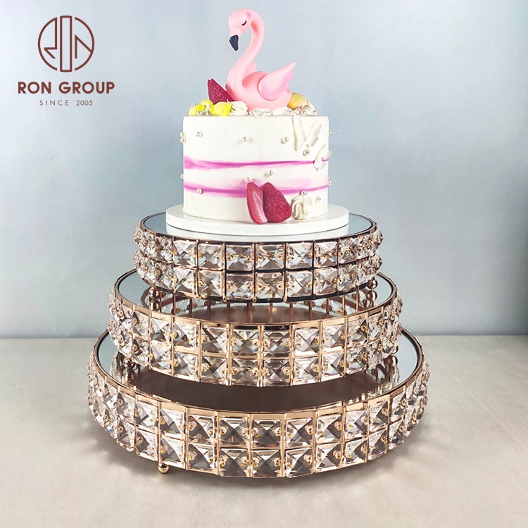 Luxury 3 Floor Round Mirror Trays Metal Gold Frame Crystals Glass Pan Dessert Display Cake Stand for Wedding Banquet Decoration