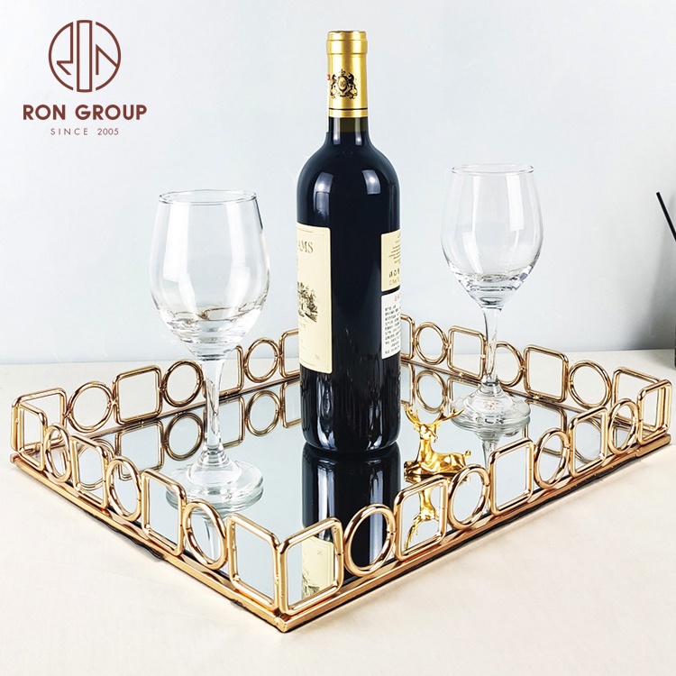 Nordic Wedding Home Party Table Decorative Cake Dessert Display Trays Pan Retro Glass Metal Frame Rectangular Gold Mirror Tray