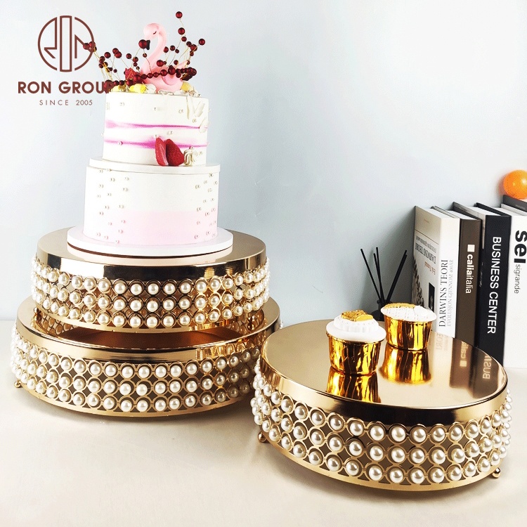 Luxury Crystal Gold Mirror Round Metal 3 Tier Cupcake Tray Food Grade Pearl Cake Stand for Wedding Birthday Party Decoration