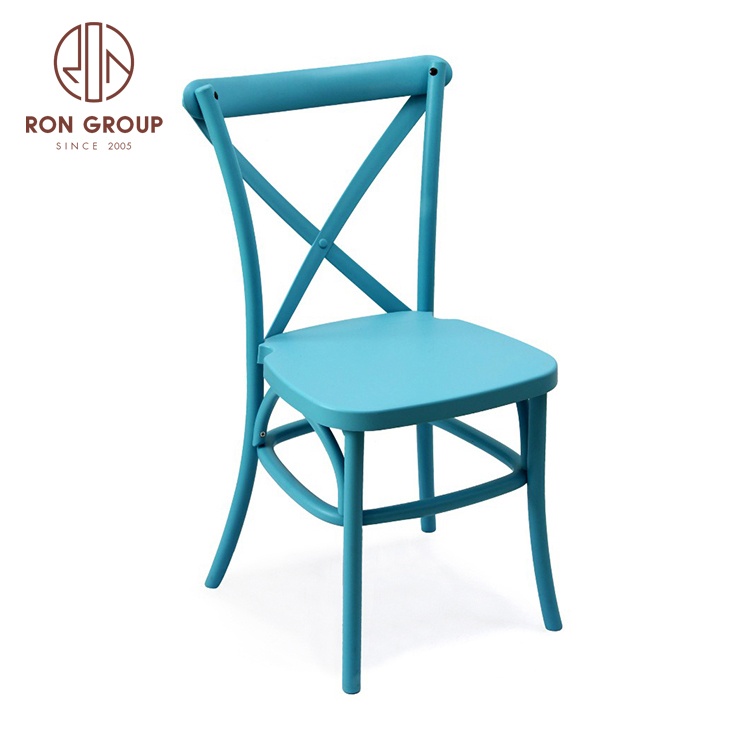 Factory Direct Supply Wholesale Cheap Outdoor Indoor Wedding Banquet Hotel Party Stackable Blue Resin Dining Cross Back Chair