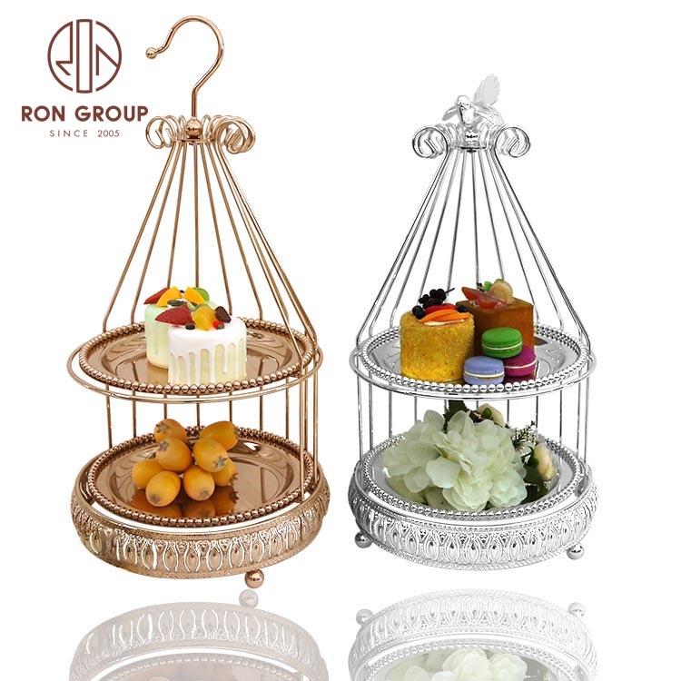 Wedding dessert table golden cake stand bird cage rim stainless steel wedding table props retro cake plate dessert display stand